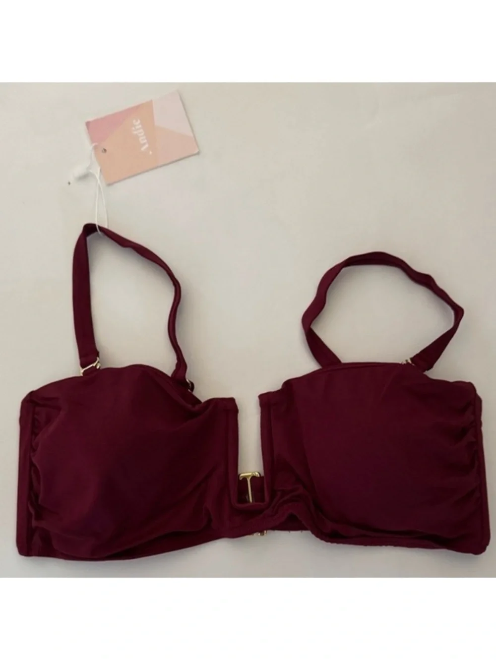 Andie Swim, The Cartagena Swim Deep V-Neckline Bikini Top, Burgundy, Size L, NWT